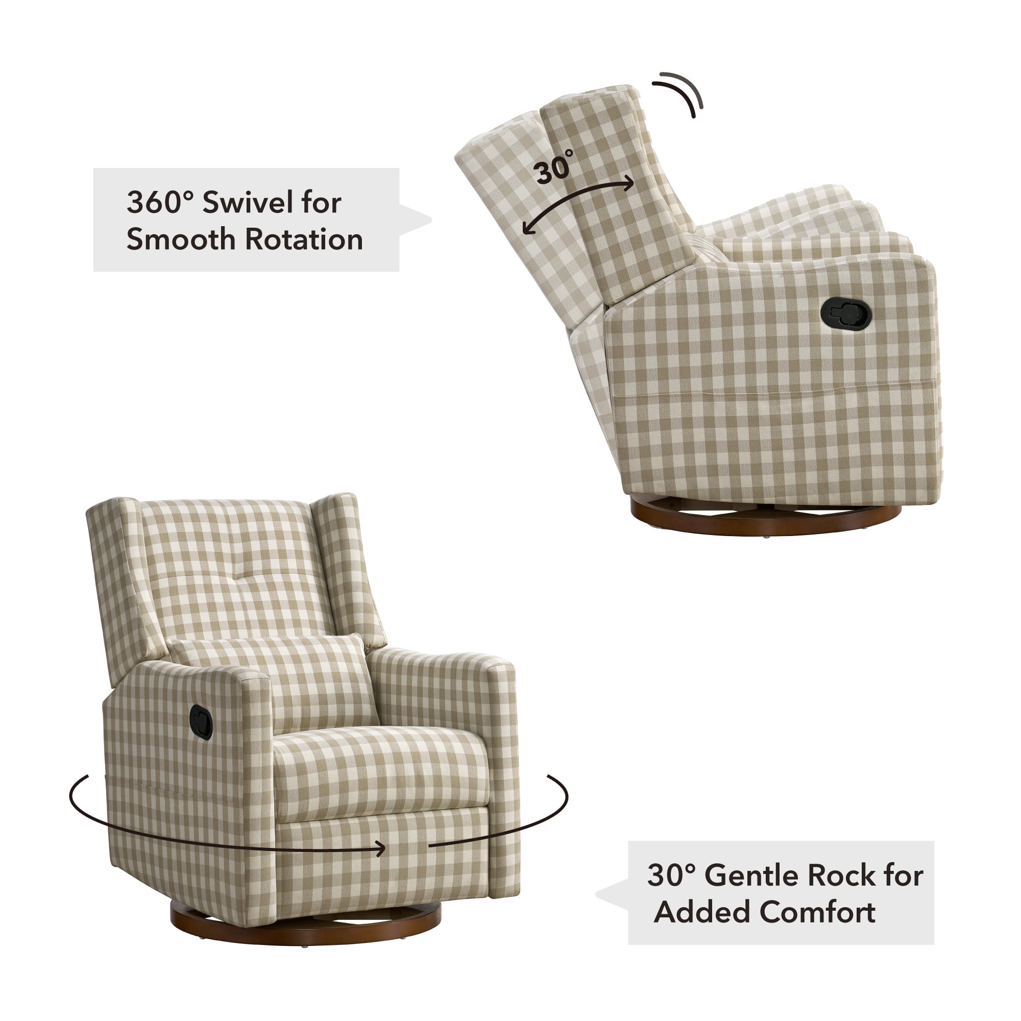 Spruce & Spring Manual Swivel Glider Recliner with Storage Pocket, Beige Gingham