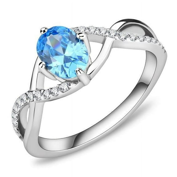 Women High Polished Stainless Steel Ring with AAA Grade CZ in Sea Blue - Size 7