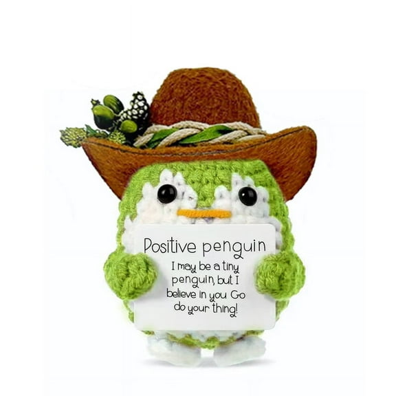 Handmade Positive Cute Fat Penguin, Crochet with Cowboy Hat Emotional Doll Support Crocheted Knitted Animal for Inspirational Motivational Gift Home Office Decor