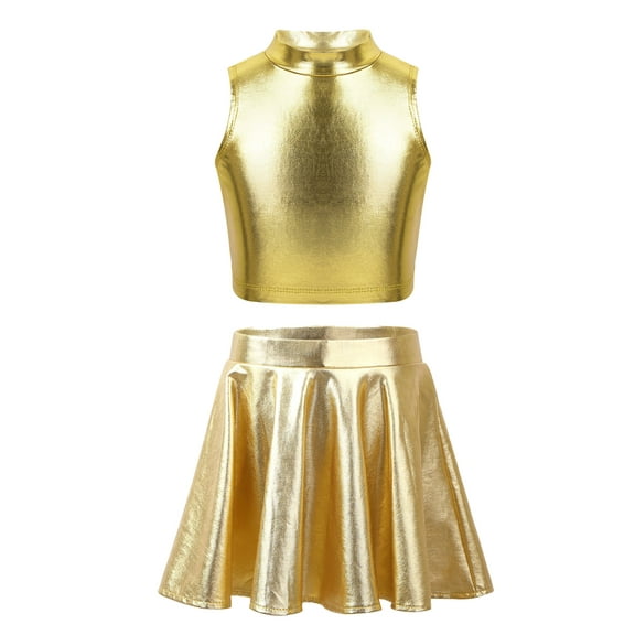 renvena Children Girls Ballet Dance Jazz Hip Hop Metallic Sleeveless Tank Tops and Flared Pleated Skirt 8-14 A Gold 8