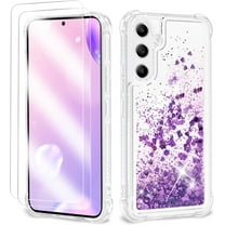 for Samsung Galaxy A14 Case, Shockproof Clear TPU Liquid Glitter Case for Galaxy A14 Case with 2 Screen Protectors, Bling Purple Glitters Case for Samsung A14 Case for Women