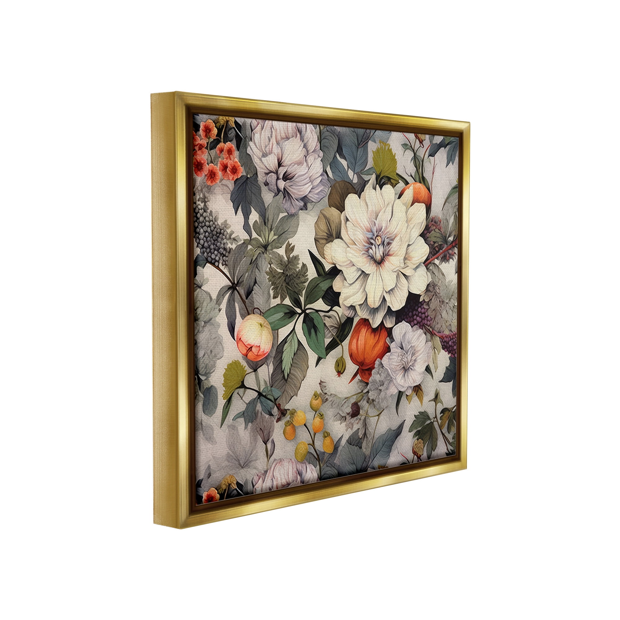 Stupell Industries Vintage Blooms & Fruit Botanical & Floral Painting Gold Floater Framed Canvas Art Print Wall Art, 25 x 25