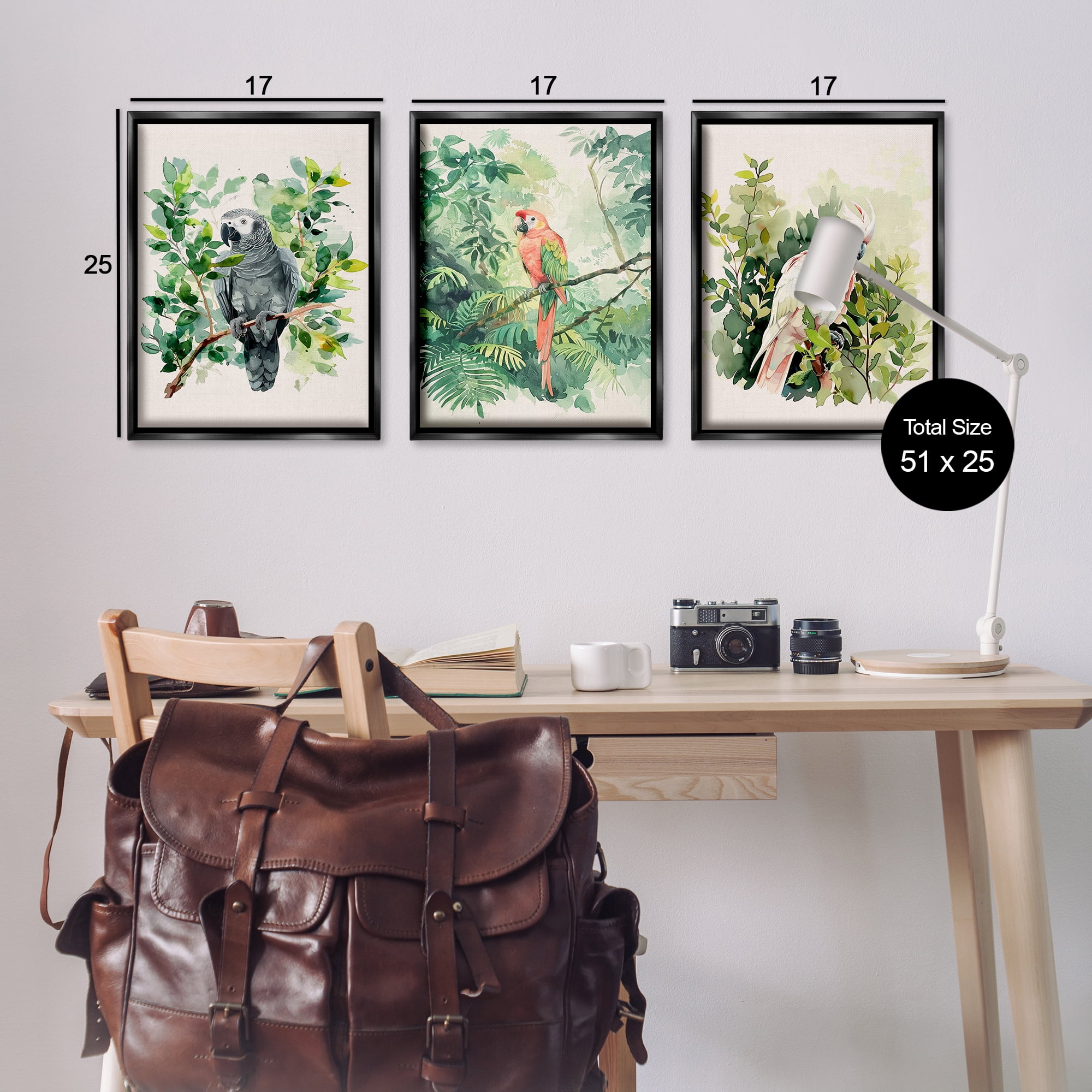 Stupell Industries Tropical Parrots in Jungle Animals Painting Black Floater Framed Canvas Art Print Wall Art, 17 x 25, Set of 3