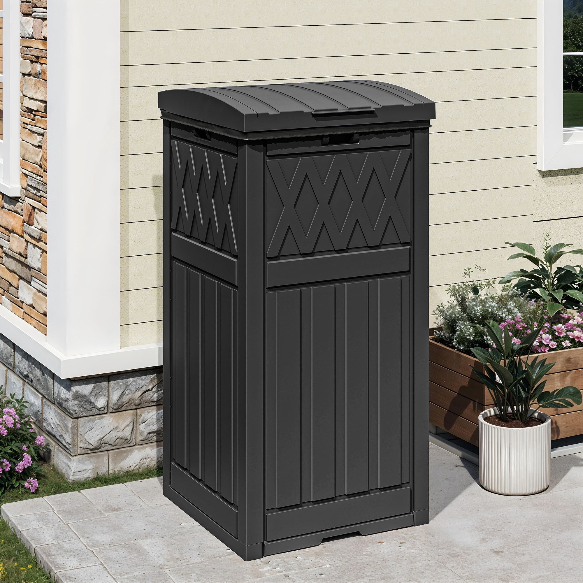 Uforic 32 Gallon Large Outdoor Trash Bin, Waterproof Garbage Can with Lid and Drip Tray for Porch, Backyard, Patio, Black