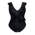 thumbnail image 4 of UTSJKR Women's One Piece Swimsuits with Cover up Ruffled Tummy Control V-Neck Padded Sun Protection Solid Bathing Suits Black M, 4 of 5