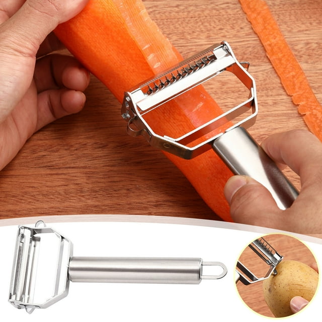Peladora de frutas y verduras multifuncional 2 en 1 de acero inoxidable con mango agrandado, cepilladora de doble punta para pelar y triturar, utensilio de cocina para patatas, melones, pepinos