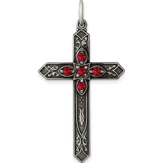 Sterling Silver Red Glass July Birthstone Antiqued Cross Pendant (37 X 22) Made In United States qc4334