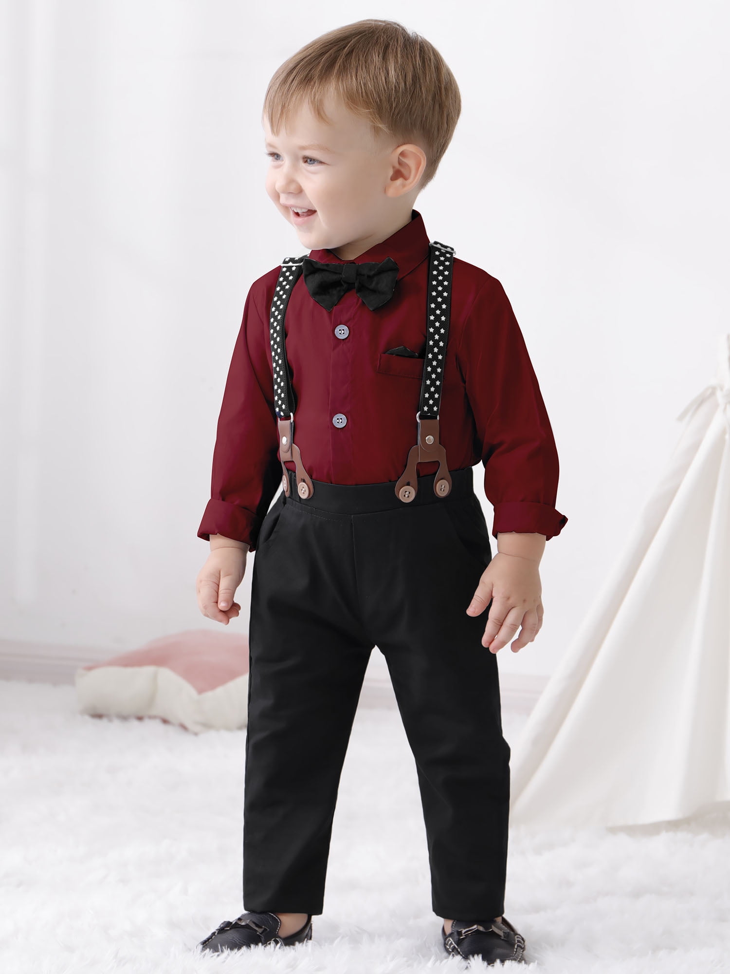 CARETOO Toddler Boy Suits Outfit 1-6T Toddler Baby Boy Formal Dress Shirt Suspender Pants Bowtie 3PCS Baptism Church Clothes