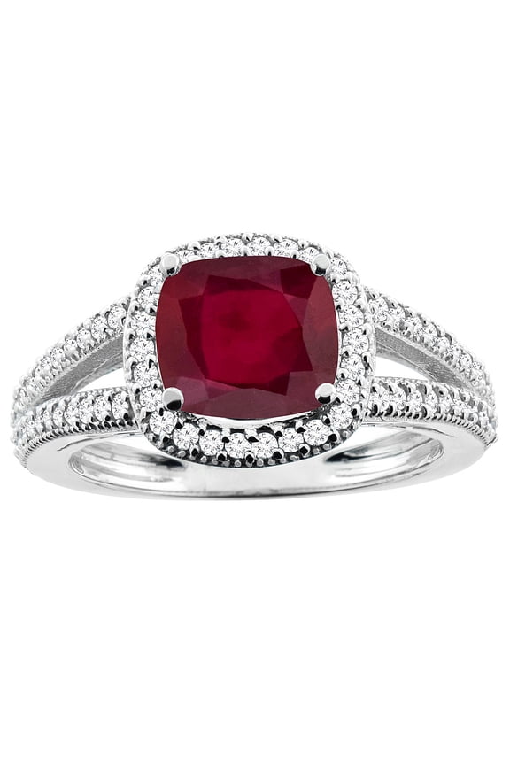 10K White Gold Diamond and Enhanced Genuine Ruby Ring Cushion-cut 7x7mm, size 7.5