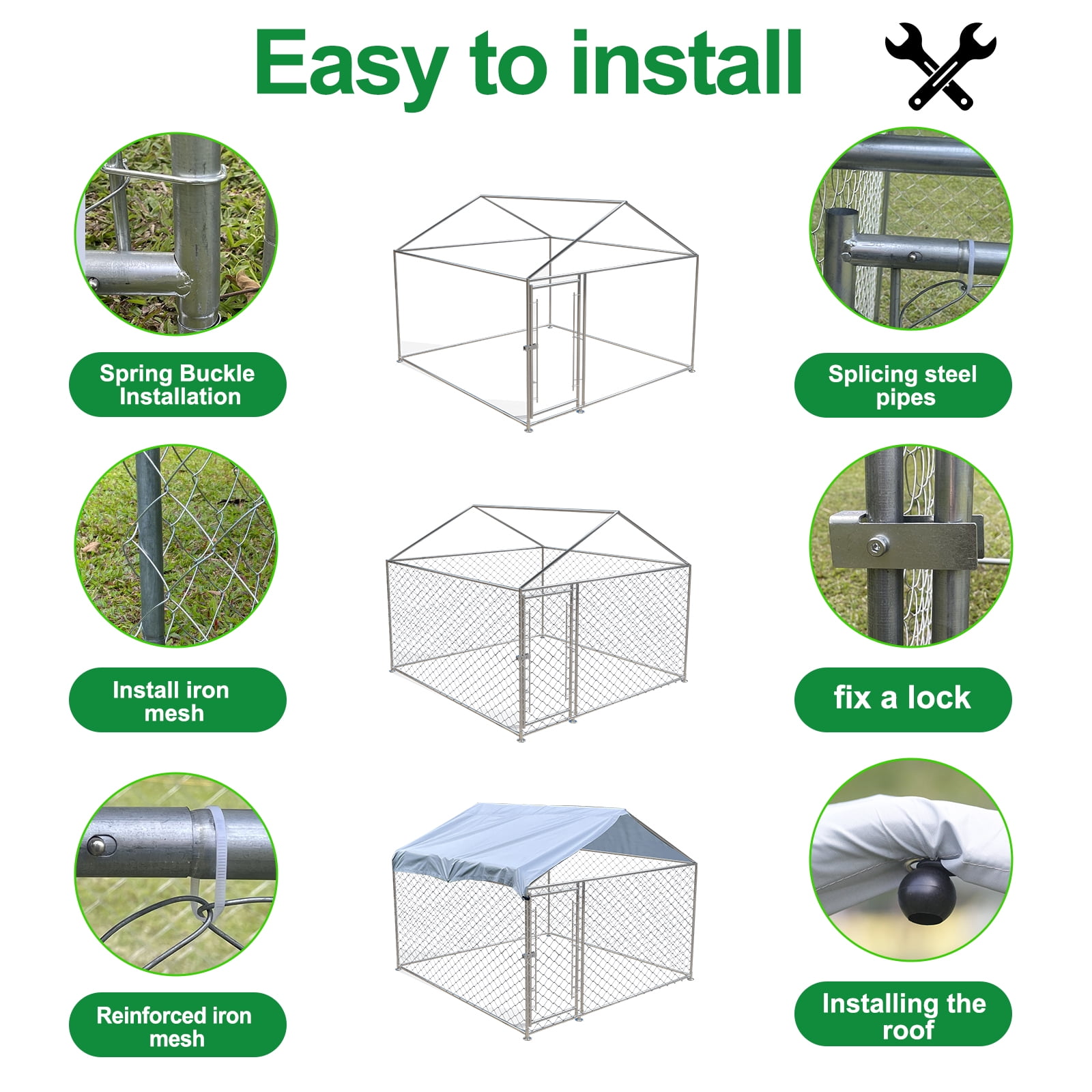 Outdoor Dog Kennel with Roof, 78.7" x 78.7", Galvanized Steel Exercise Pen for Small to Medium Dogs, 43 sq ft