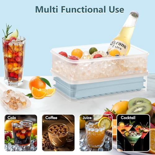 Stackable Mini Ice Cube Trays with Lid & Bin - 0.55 Inch Tiny Pebble Ice for Fast Cooling in Drinks, Easy Twist Release, Perfect for Iced Coffee and Cocktails (2-Pack, Blue)