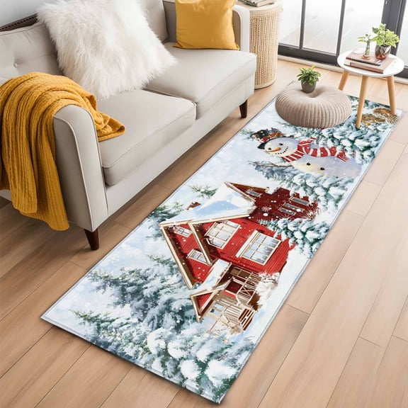 Red Snowman Christmas Kitchen Runner Rug 2x6 Washable Runners for Hallway Non Slip Xmas Tree Snowflake Farmhouse Winter Large Area Rug Indoor Floor Carpet for Bathroom Laundry Entryway Bedroom