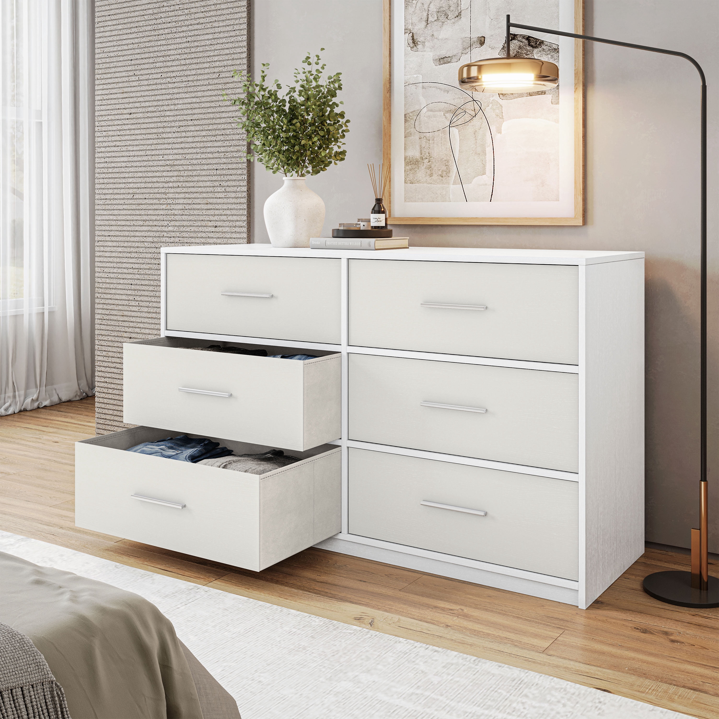 6-Drawer Dresser with Extra Large Fabric Bins, Wood Frame Storage Organizer for Bedroom, Living Room, or Hallway, Versatile Design Doubles as a TV Stand, Ideal for Home Organization, White