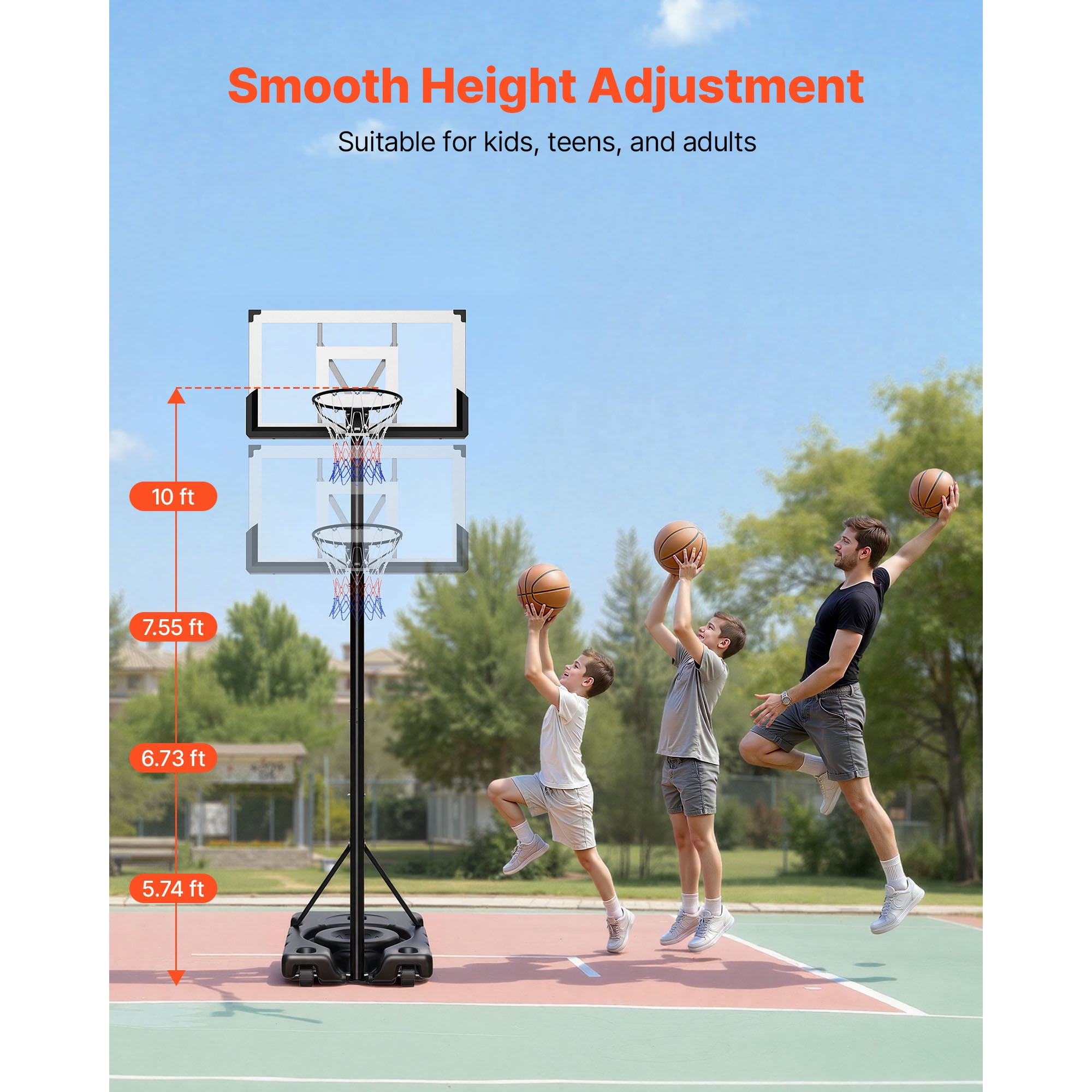 KFFKFF Adjustable Portable Basketball Hoop, 10 ft Height with 48-inch Backboard & Wheels, Suitable for Kids, Teens, and Adults for Driveways, Pools, and Schools