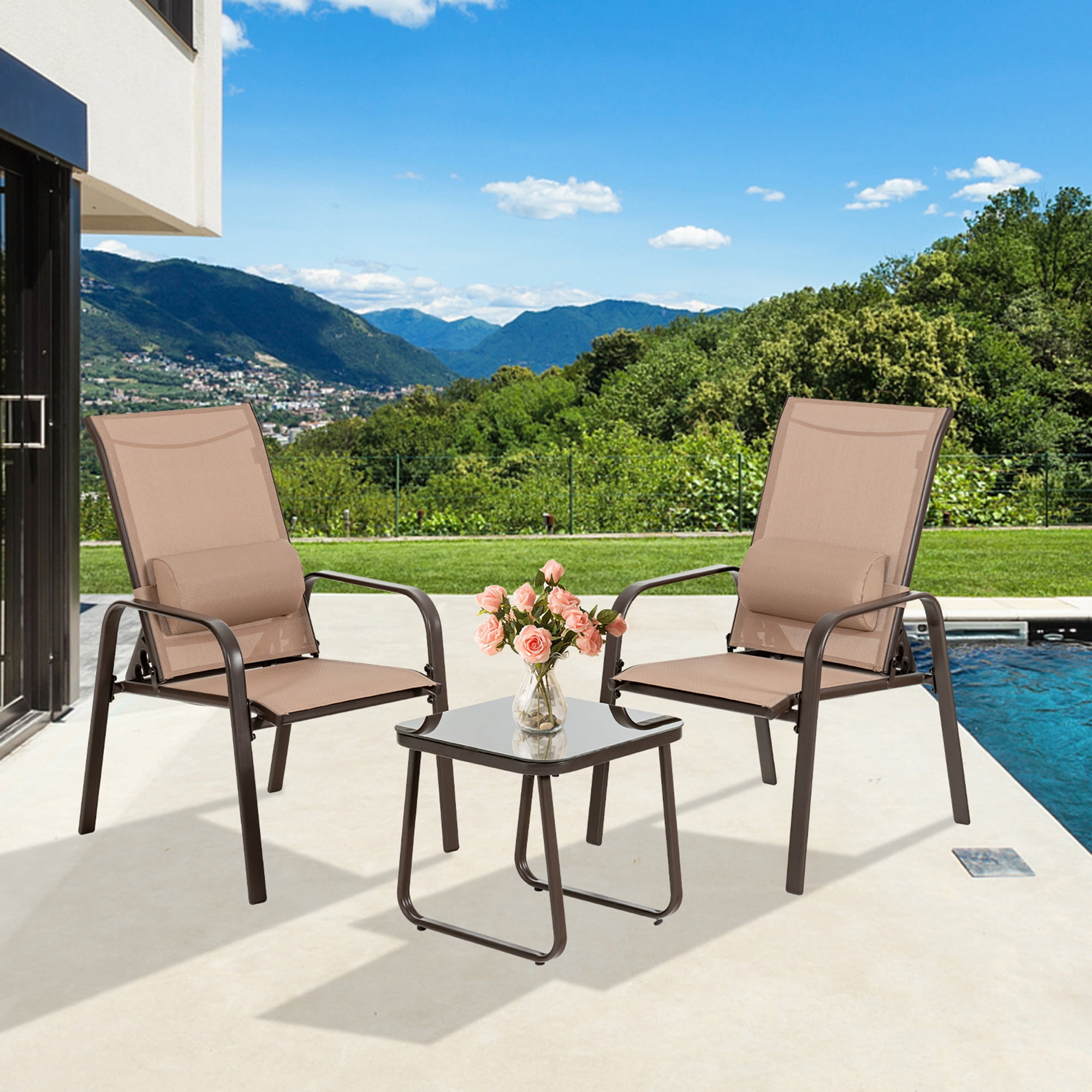 Gymax Brown 3PCS Outdoor Bistro Set Patio Conversation Set w/ Adjustable Backrest