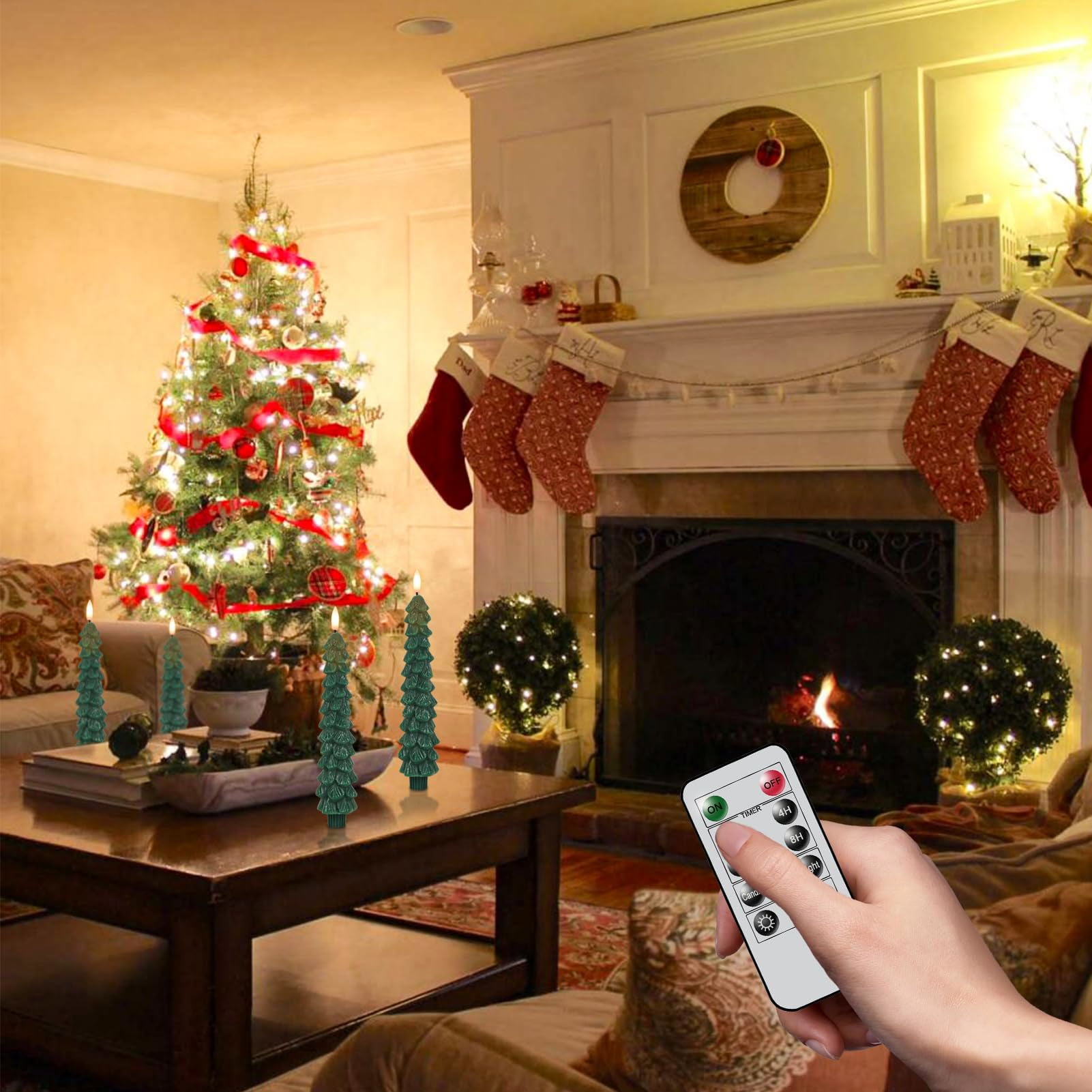 Christmas Tree Flameless Taper Candles with Remote Timer, Christmas LED Taper Candles with 3D Flame, 4 Pcs Green LED Candlesticks for Christmas Home Decoration