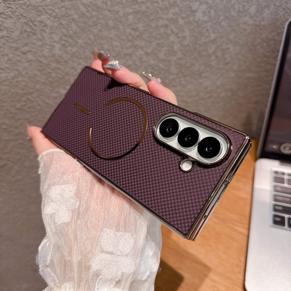 ELEHOLD Magnetic Case for Samsung Galaxy Z Fold8 Ultra, Carbon Fiber Pattern Rigid PC Protective Cover Built in Glass Screen Protector, Purple