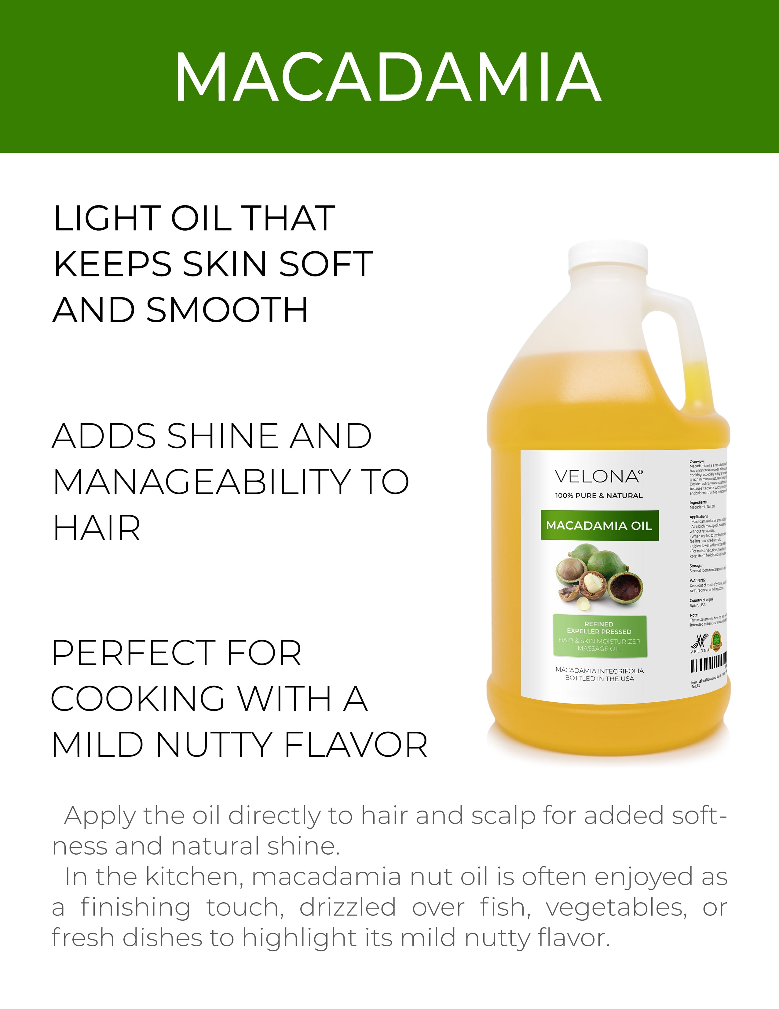 Macadamia Nut Oil by Velona - 64 Fl Oz | 100% Pure and Natural Carrier Oil | Refined | Cooking, Skin, Hair, Body & Face Moisturizing | Use Today - Enjoy Results