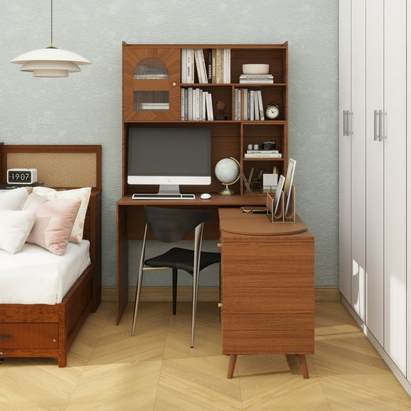 Computer Desk with 90 Degree Rotating Desktop, 43x70 Inch Office Desk with Storage Drawer and Cabinets, Gaming Desk with Shelves, Writing Desk for Study, Work Desk for Home Office Bedroom Living Room