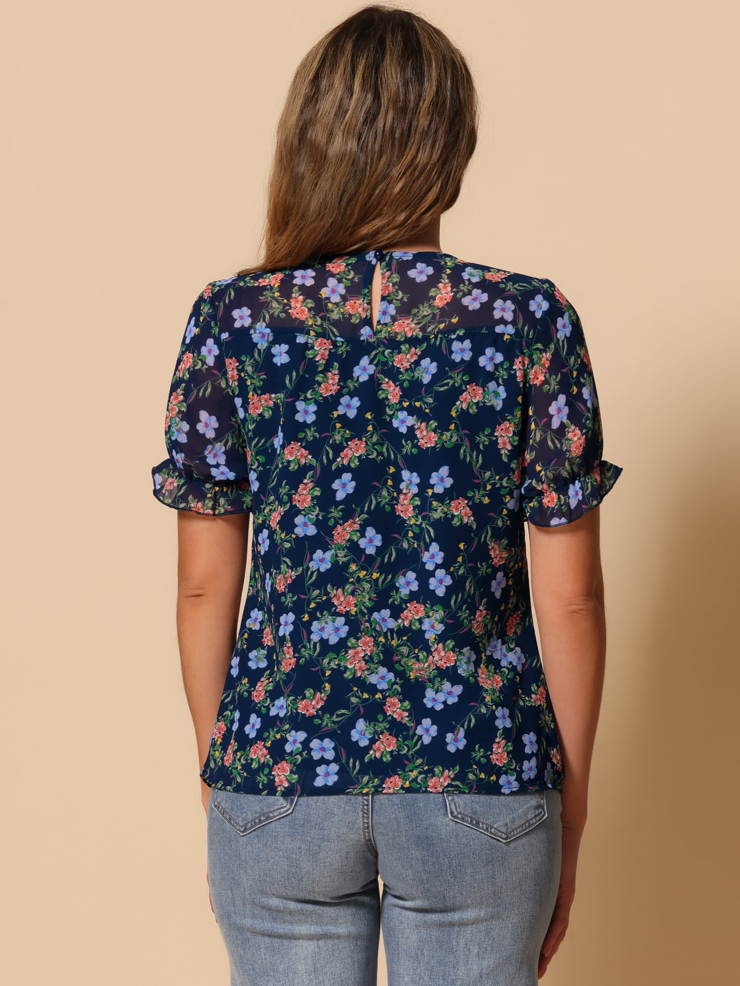 DARING DIVA Short Sleeve Ruffled Trim Floral Blouse M Dark Blue