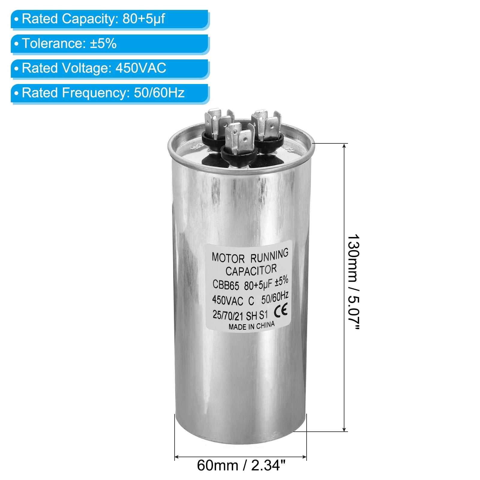 CBB65 80+5uf Run Capacitor, 80+5mfd AC 450V Aluminum Case with 3 Terminal for Air Conditioner