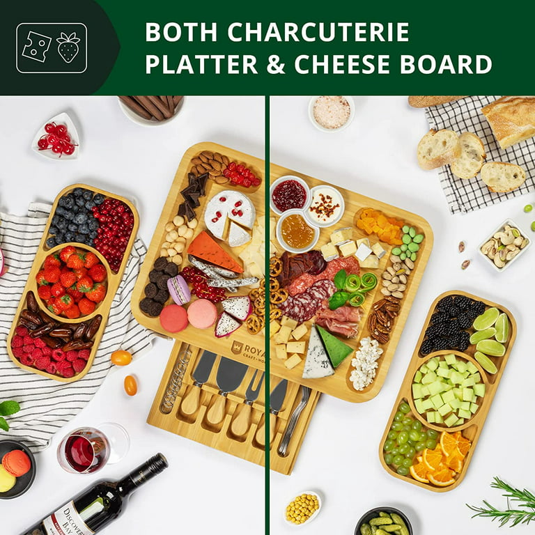 RoyalHouse Unique Bamboo Cheese Board and Knife Set - Charcuterie Boards  Set & Cheese Platter with Slide-Out Cutlery Drawer - Serving Tray for