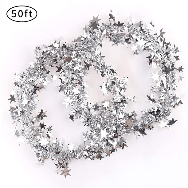 rollos de guirnalda de espumillón de estrellas con purpurina, guirnalda de alambre de estrella metálica plateada para Navidad, decoración de fiesta de año nuevo, 50 pies MFZFUKR CJWUS-2699