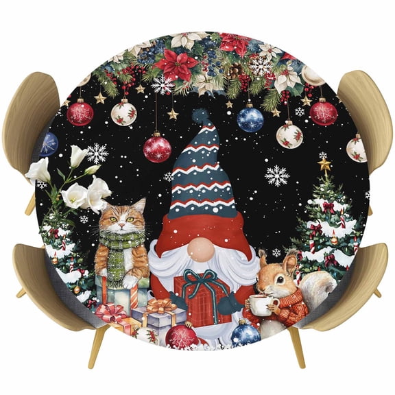 Black Christmas Fitted Tablecloth with Elastic Edged, Round Table Cloth for Dining Table, Gnomes Poinsettia Ball Pine Tree Leaves Waterproof Oil Proof Table Cover for Indoor Outdoor 36"-44"