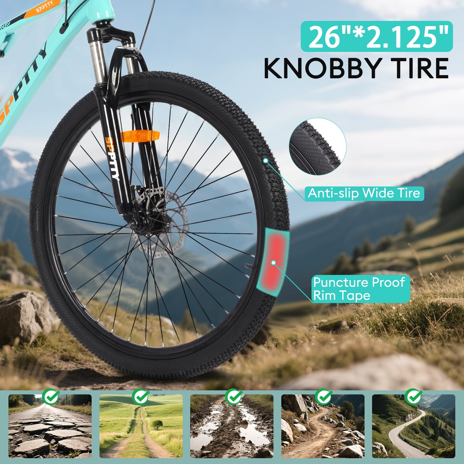 SPPTTY 26" Mountain Bike,Full-Suspension 21 Speed Drivetrain, Disc Brakes,Bicycle for Men Women Green
