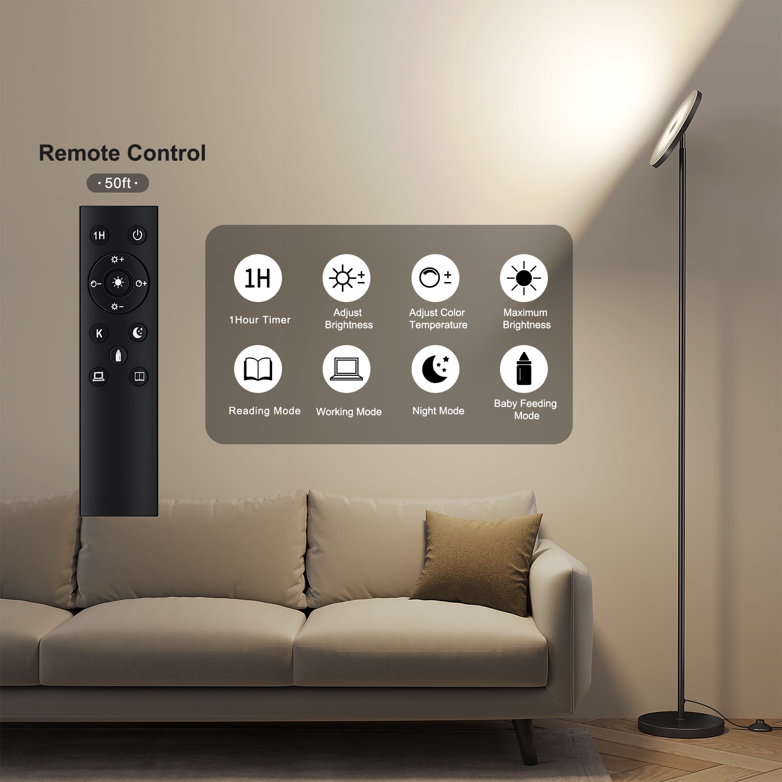 SUNMORY 69" Modern Remote Control Black Torchiere Floor Lamp, Led Super Bright Standing Lamp, Tall lamp for Living Room Bed Room