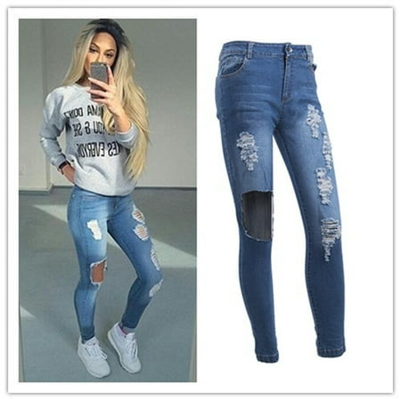 Women Ladies Fashion Dark Blue Ripped Skik59y Jeans Sexy Denim Pants Walmart Canada