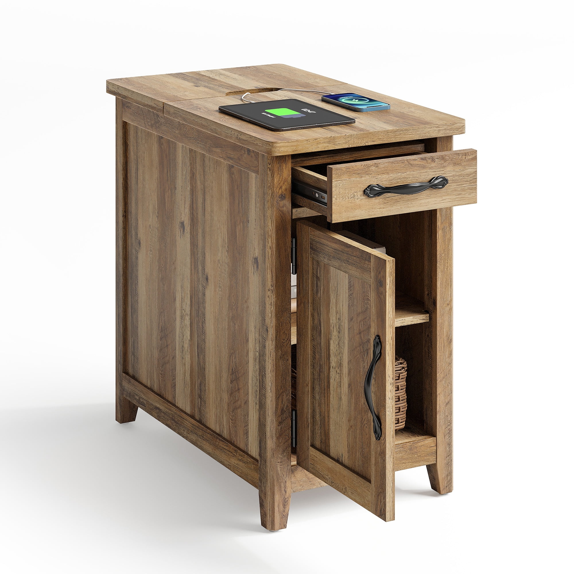 LINSY HOME End Tables for Living Room with Charging Station, Nightstand for Bedroom with Drawer and Detachable Holder,Brown