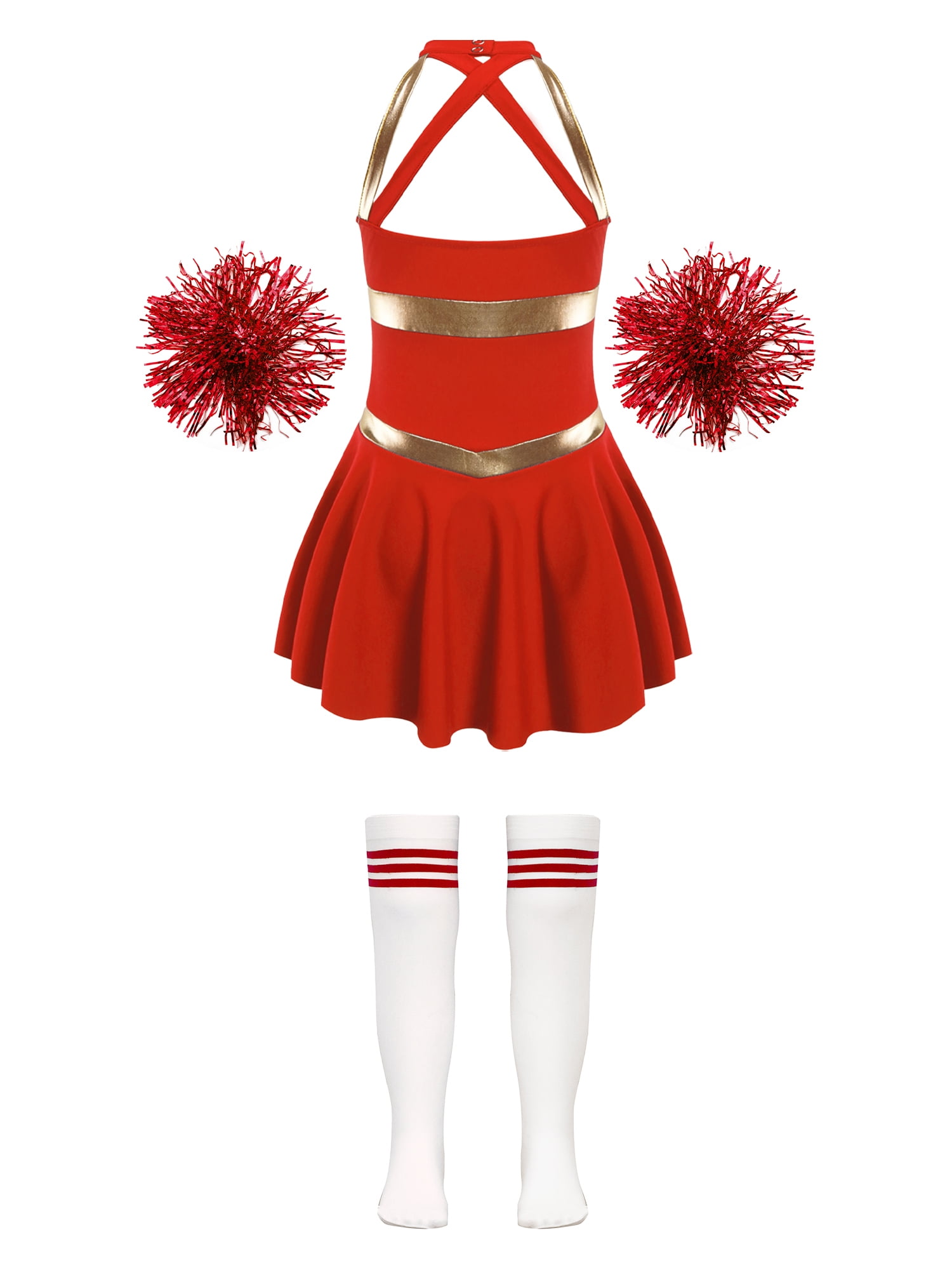 FEESHOW Cheer Leader Cheerleading Uniform For Kids Girls Long Sleeve Dress Pom Poms Stocking Hair Tie Halloween Party A Black&White 6 Years