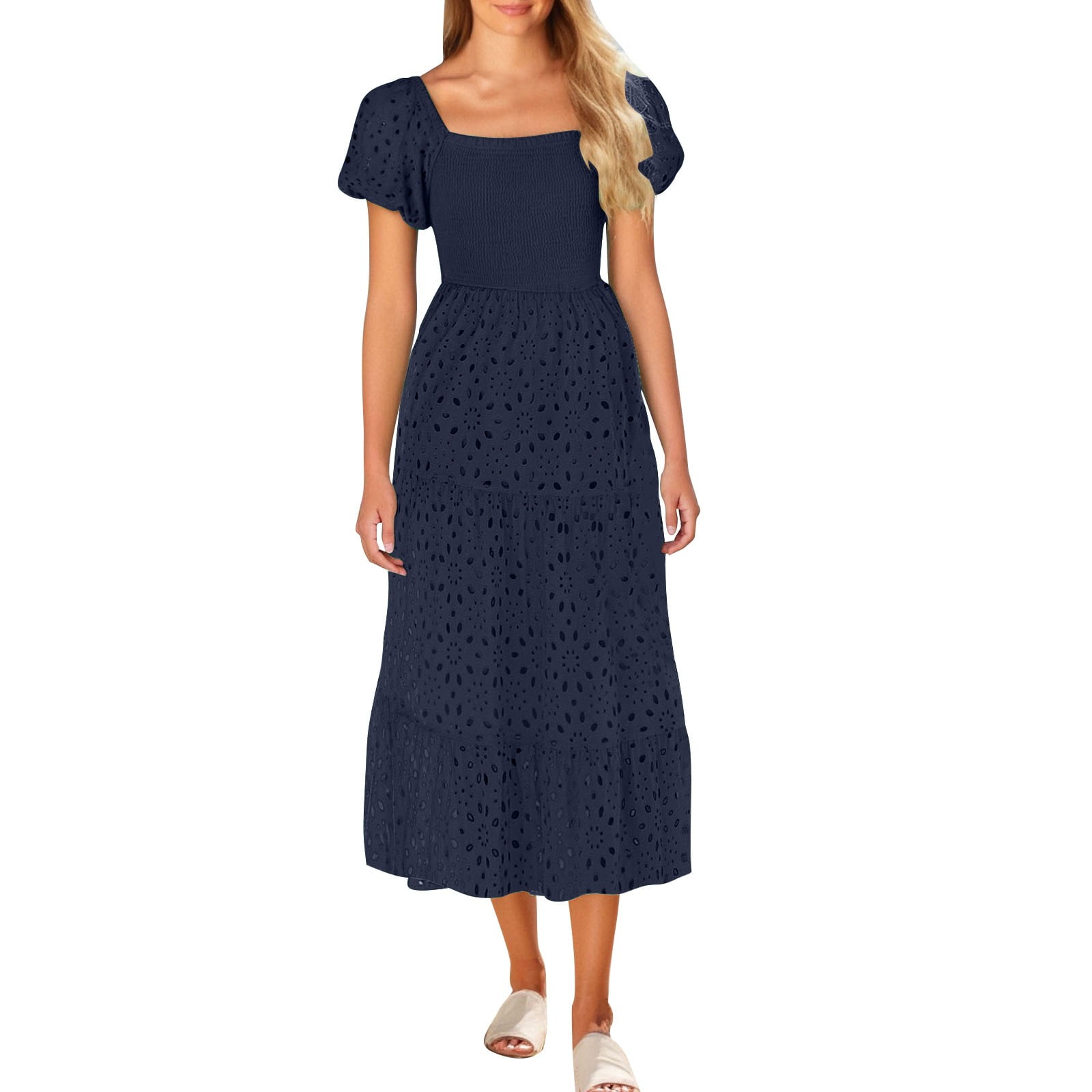 GaThRRgYP Concert Ready Round Neck Dress-Music Festival Essential,Women's Casual Printed Pleated Elastic Waist Sleeveless V-Neck Dress Navy XXL