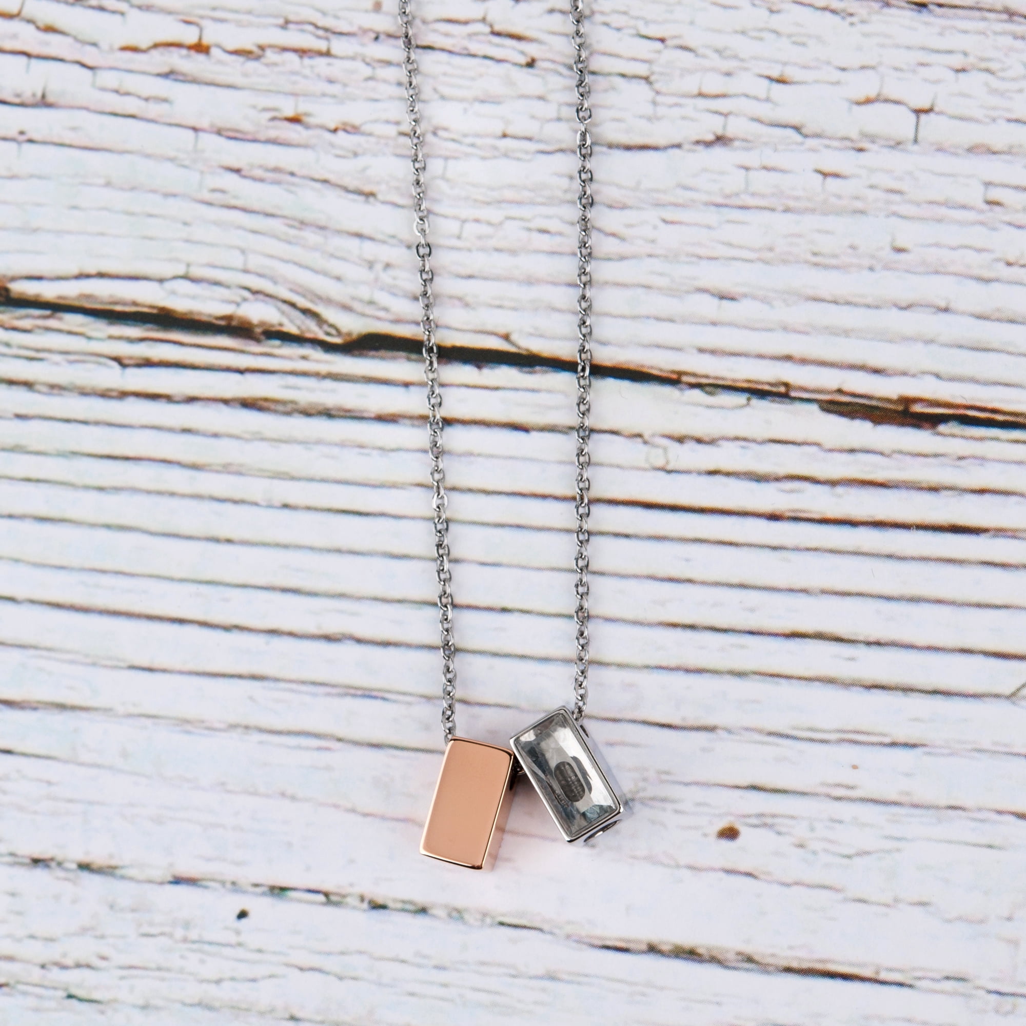 Anavia See You Cremation Necklace for Ashes, Mini See Through Urn Necklace, Mini Cube Cremation Pendant, Cremation Jewelry, Memorial Jewelry, Mini Urn-[Rose Gold & Silver]