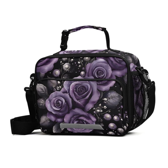 FORMRS Student Insulated Lunch Bag with Shoulder Strap Reusable Cooler Box for School, Purple Roses