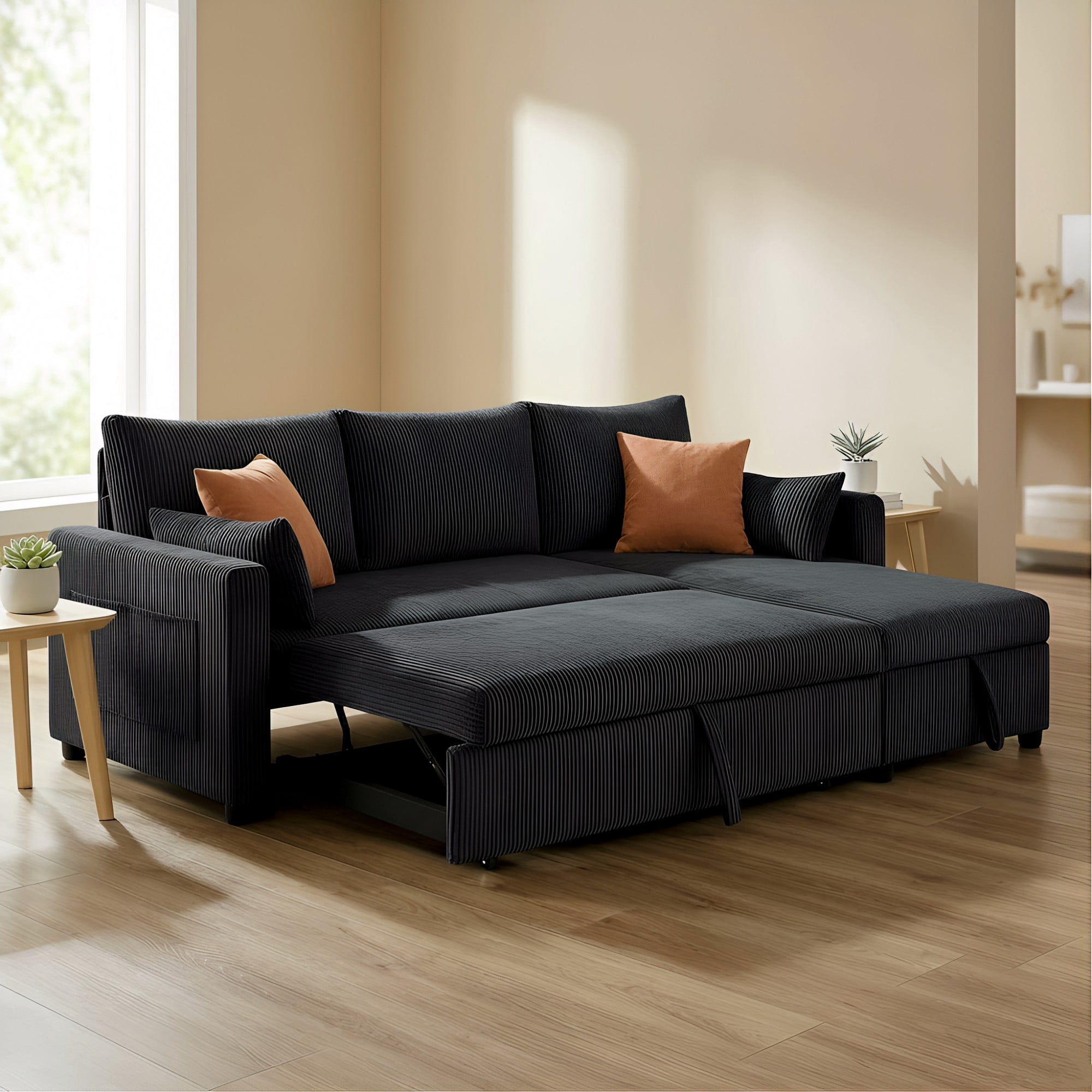 Gewnee L-Shaped Corduroy Convertible Sleeper Sofa Bed with Storage Chaise, 3-Seater Corduroy Sectional Couch for Small Living Room Apartment Office Black