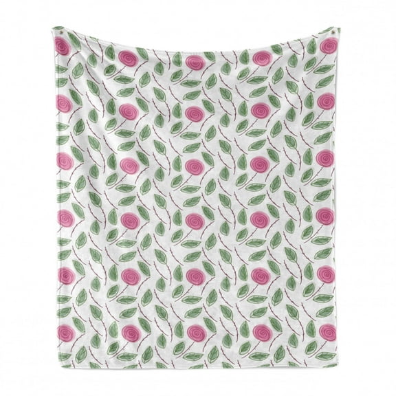 Floral Soft Flannel Fleece Throw Blanket, Spiraling Rose Motifs on Branches with Leaves, Cozy Plush for Indoor and Outdoor Use, 70" x 90", Reseda Green Pink White, by Ambesonne