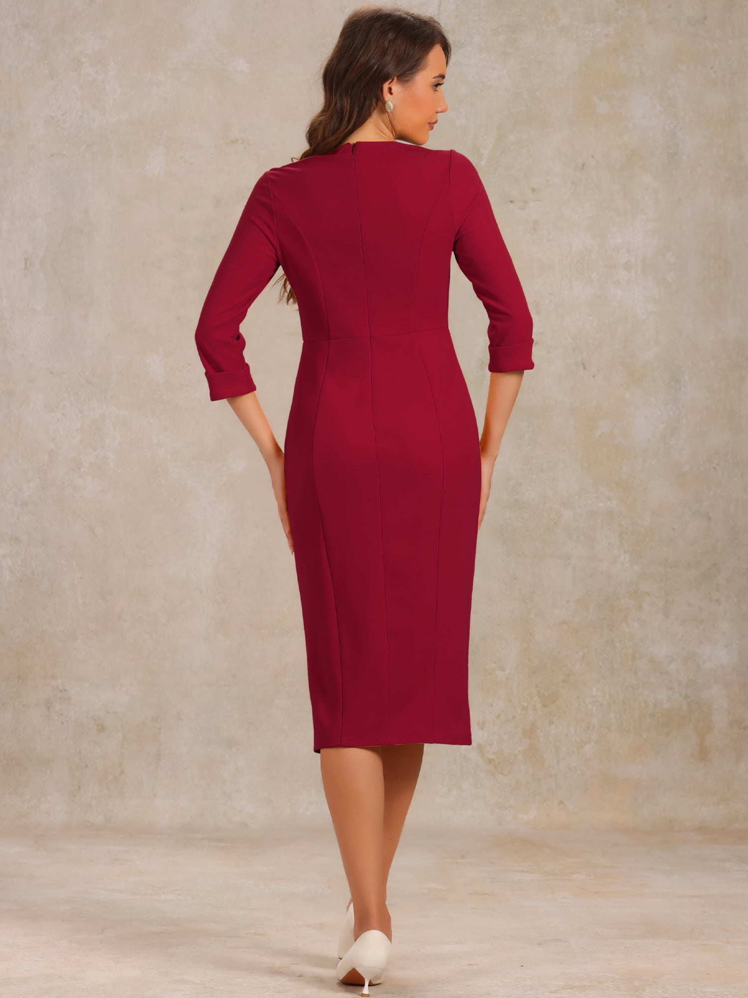 DARING DIVA Women's Boat Neck 3/4 Sleeves Work Business Pencil Sheath Dress M Wine Red