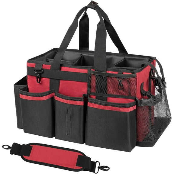 SUMMIT Wearable Cleaning Caddy, Cleaning Caddy Supplies Organizer with Handle & Shoulder Straps for Housekeepers, Under Sink & Car Cleaning Tool Organizers Bag with 4 Foldable Divider (Wine)