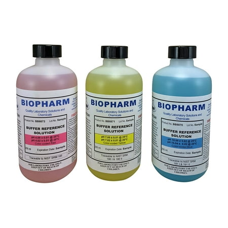 - Biopharm Buffer Calibration Solution Kit 3-Pack of 250 ml (8oz) each pH 4, 7 and 10 Calibration Standards Color coded NIST Traceable For All pH meters