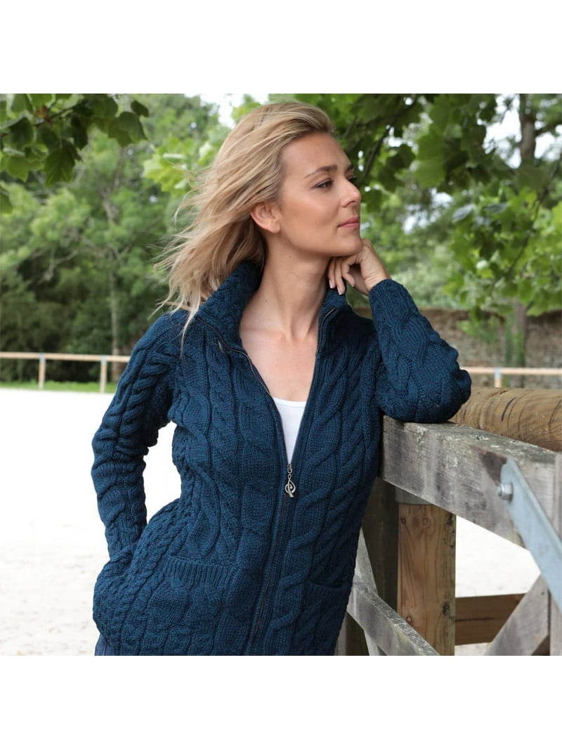 Aran Irish Merino Wool Zipper Cardigan Sweater Women's Knitted