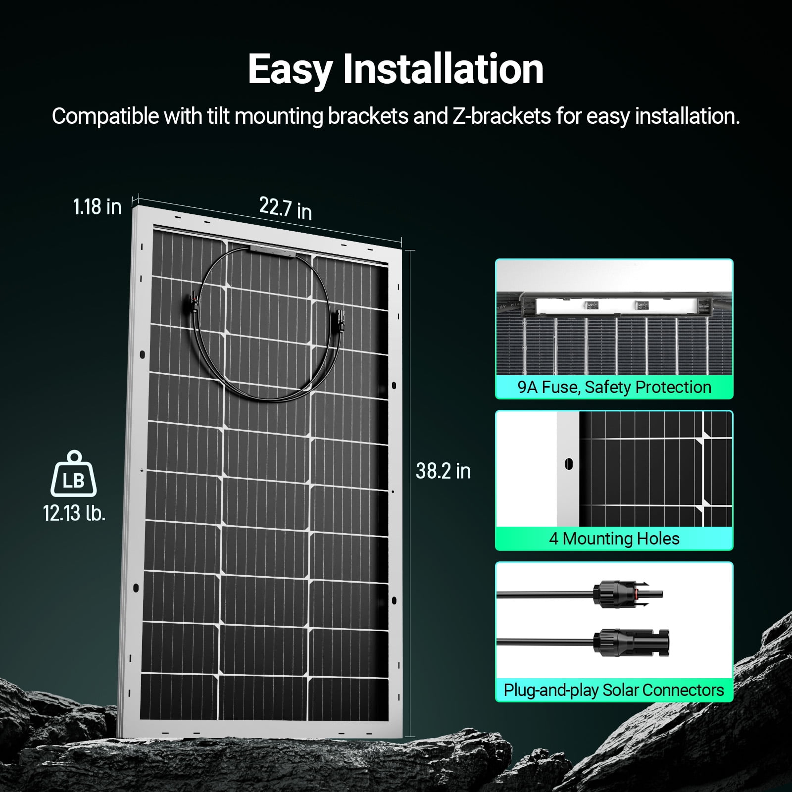 HQST Bifacial 100 Watt 12 Volt Solar Panel, 9BB Monocrystalline Solar Panels with 25% Efficiency, IP68 Rating for RV, Camper Van, Trailer, Marine, Cabin, Home Rooftop, Solar Farm