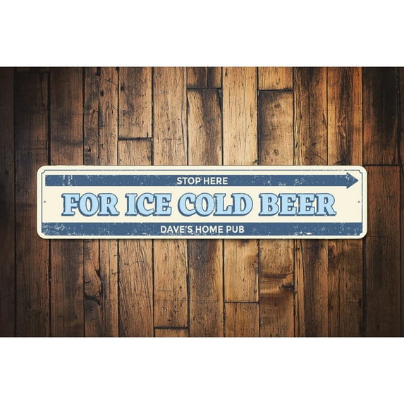 Stop Here Ice Cold Beer Novelty Sign, Metal Wall Decor - 4x18 inches