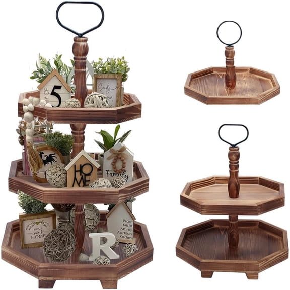 Tiered Tray Stand Wood Tier Serving Tray, Three Decorative Trays, Wooden Cupcake Stand 3 Tiered Farmhouse Trays for Home Decor(L 13.8” W 12.5” H 21.8”)