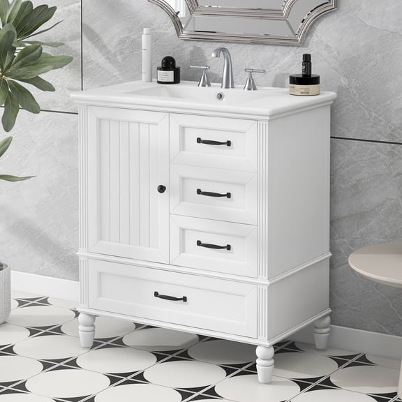 30 Inch Bathroom Vanity with Ceramic Sink, Freestanding Storage Cabinet with Soft Close Drawers and Door, Solid Wood Legs for Modern Bathroom Decor in White Finish