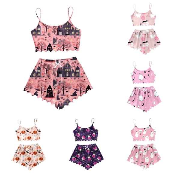 PMVFHDE Womenβs Halloween Patterned Camisole Pajama Set for Sleepwear Comfort Hot Pink,S