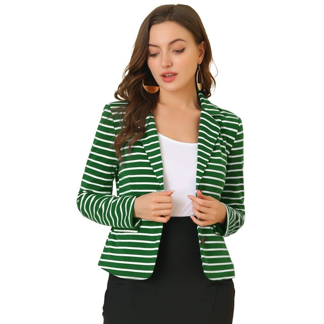 INSPIRE CHIC Women's Notched Lapel Button Closure Striped Blazer Green White M