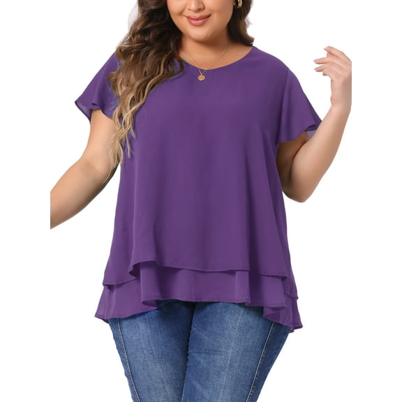 Agnes Orinda Women's Plus Size Chiffon Top Ruffle Short Sleeves V Neck Double Layered Hem Casual Blouses 2X Purple
