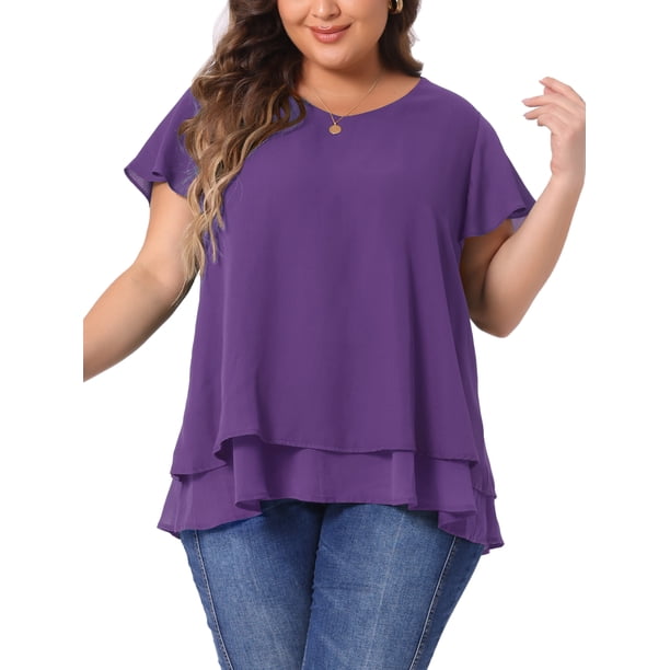 Blusa de Chiffon de Talla Grande para Mujeres Agnes Orinda con Volantes, Mangas Cortas, Cuello en V, Dobles Capas, Casual, 1X, Morado
